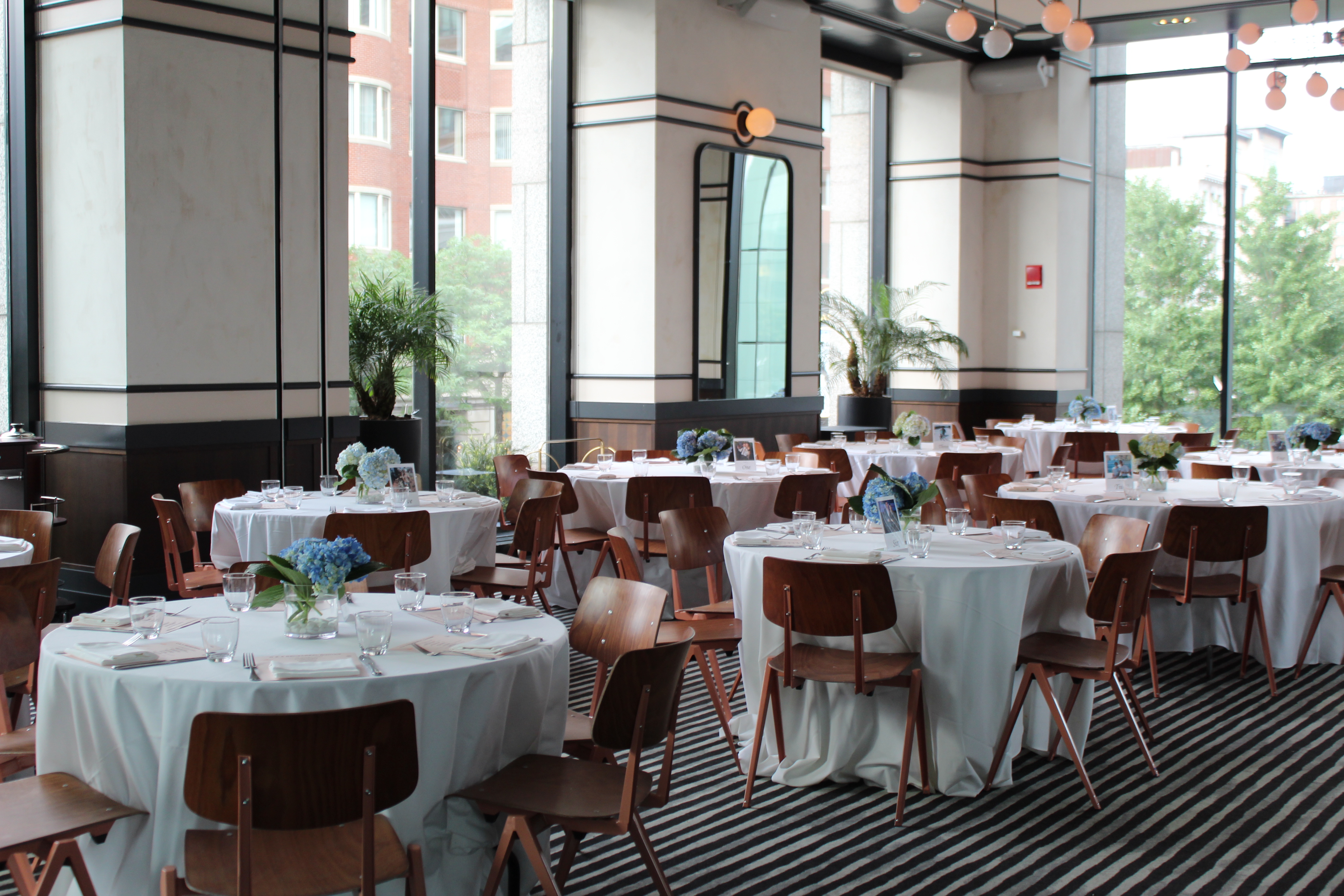 Rochambeau brasserie on Boylston Street with arched windows and brass detail