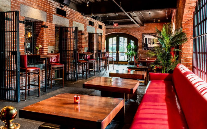 Alibi cocktail lounge interior with vaulted ceilings